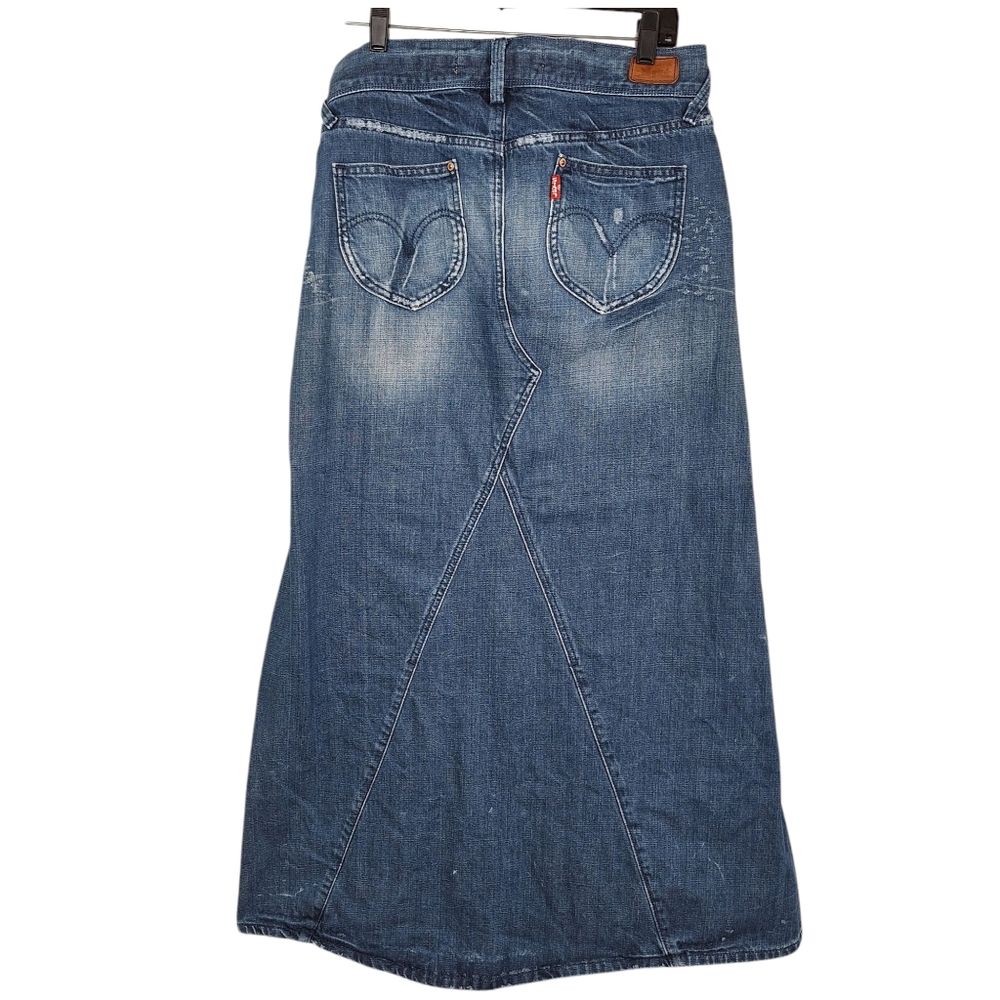 Vintage Orange Label Levis Medium Blue Wash Distressed Denim Maxi Skirt 7 - Picture 11 of 11
